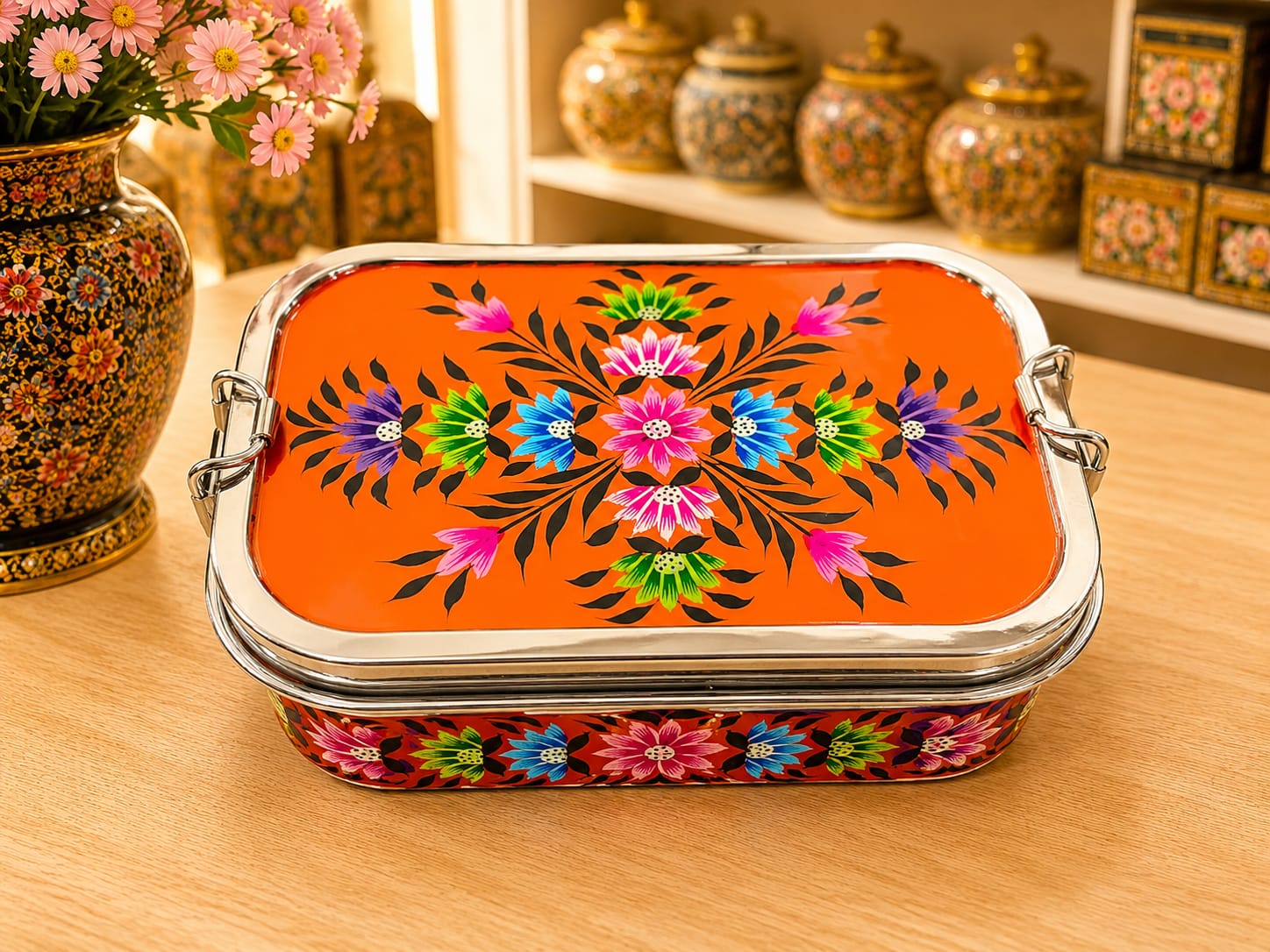 Hand painted lunch box,Bento lunch box,Enamelware tifin box,Kashmiri Enamelware,bento box for kids,hand painted bento box,Indian tiffin